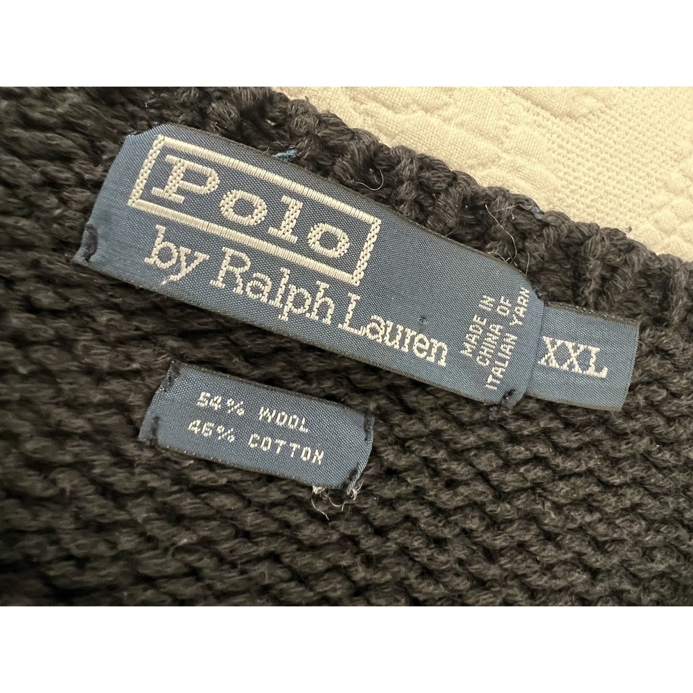Vintage Polo Ralph Lauren Wool Blend Sweater Suede Elbows Chunky Knit Black XXL - Picture 2 of 10